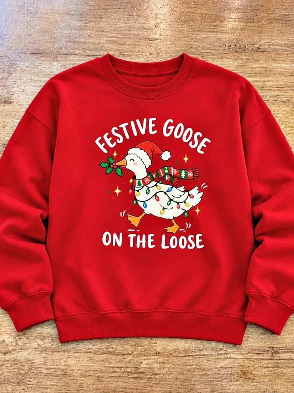 Festive Goose Cute Duck Graphic Sweatshirt in Red